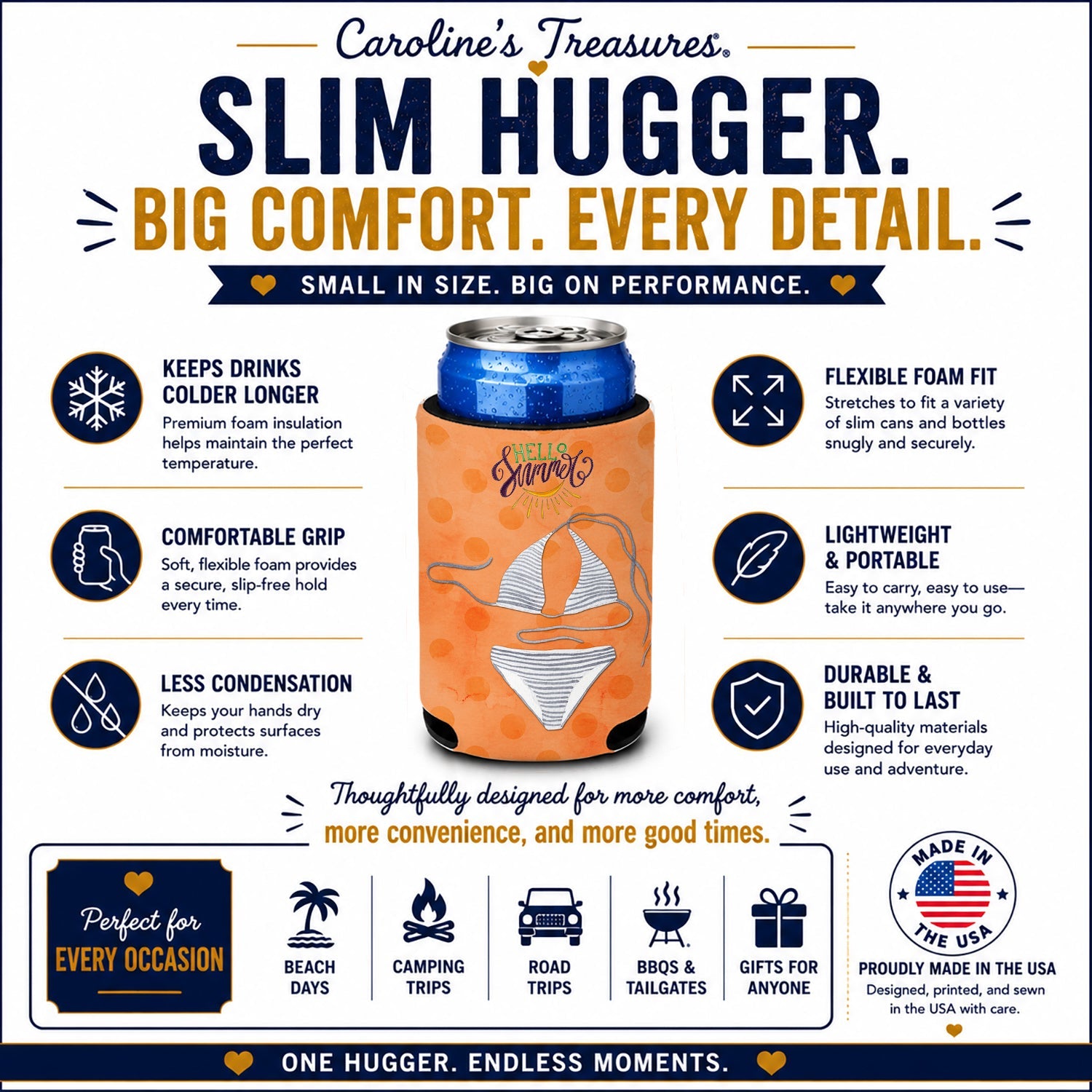 Bikini Swimsuit Orange Polkadot Slim Can Hugger  Insulated Foam Sleeve for 12 oz Slim Cans, Beer Bottles & Water Bottles, Made in USA