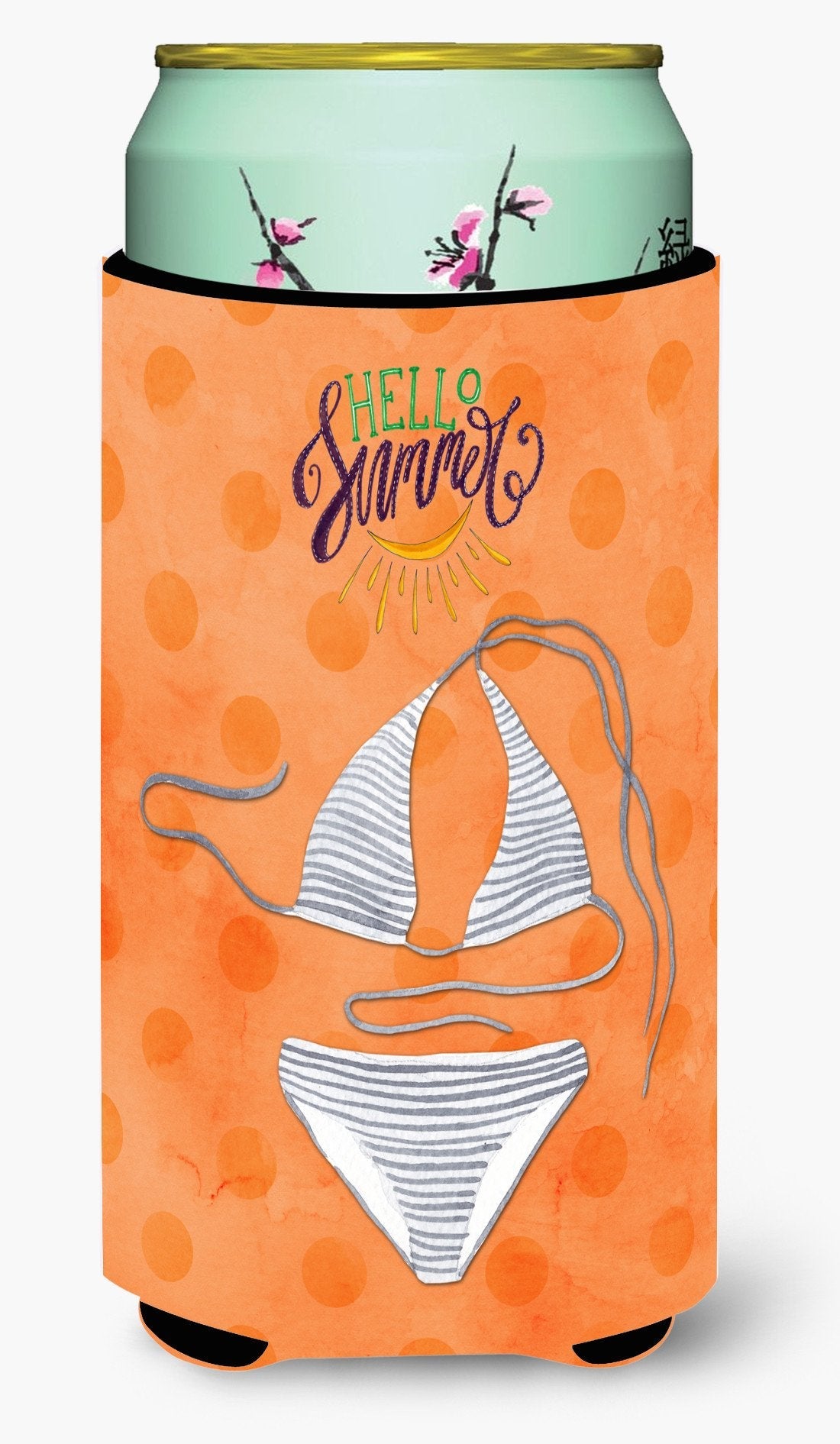 Bikini Swimsuit Orange Polkadot Tall Boy Hugger Can Cooler Sleeve Machine Washable Drink Collapsible Insulator Beverage Insulated Holder