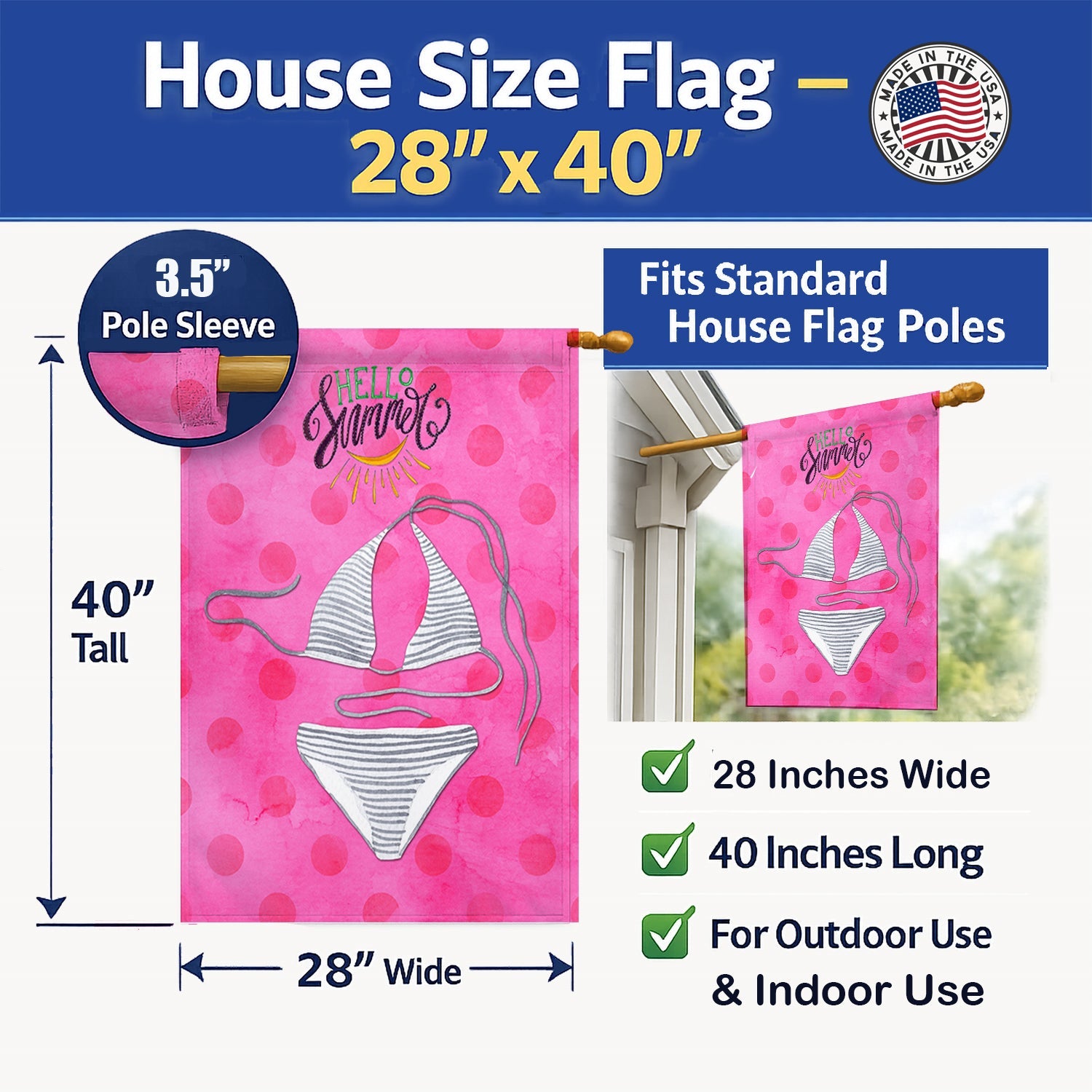 Bikini Swimsuit Pink Polkadot House Flag 28x40 Porch Sleeve Pole Decorative Outside Yard Banner Artwork Wall Hanging, Polyester