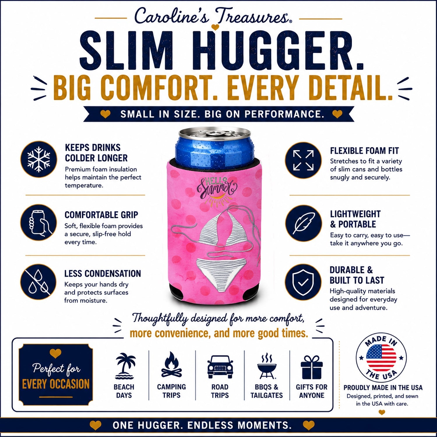 Bikini Swimsuit Pink Polkadot Slim Can Hugger  Insulated Foam Sleeve for 12 oz Slim Cans, Beer Bottles & Water Bottles, Made in USA