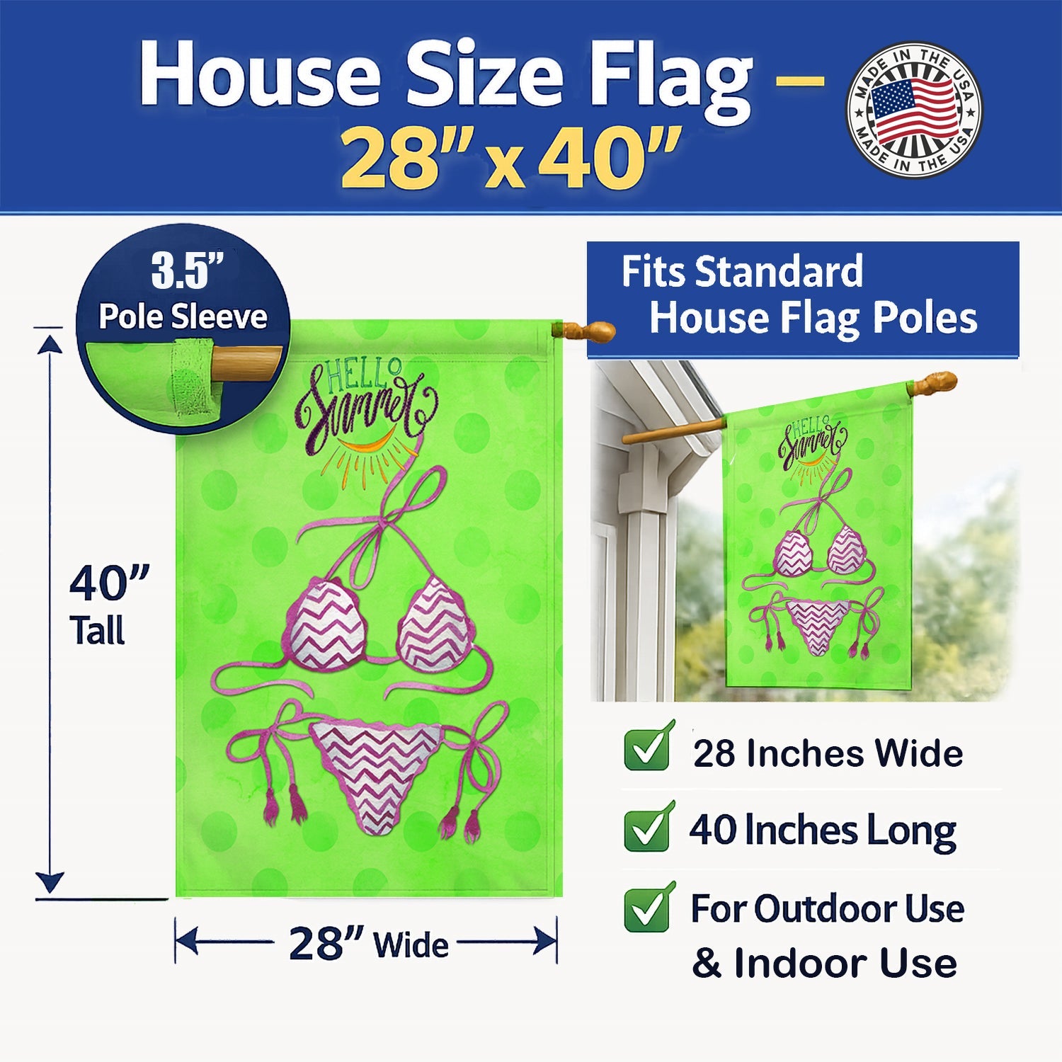 Bikini Swimsuit Green Polkadot House Flag 28x40 Porch Sleeve Pole Decorative Outside Yard Banner Artwork Wall Hanging, Polyester