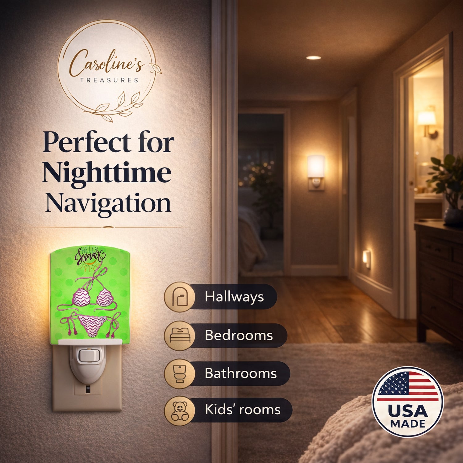 Bikini Swimsuit Green Polkadot Ceramic Night Light Compact, UL-Certified, Ideal for Bedroom, Bathroom, Nursery, Hallway, Kitchen, 6x4x3, Multicolor