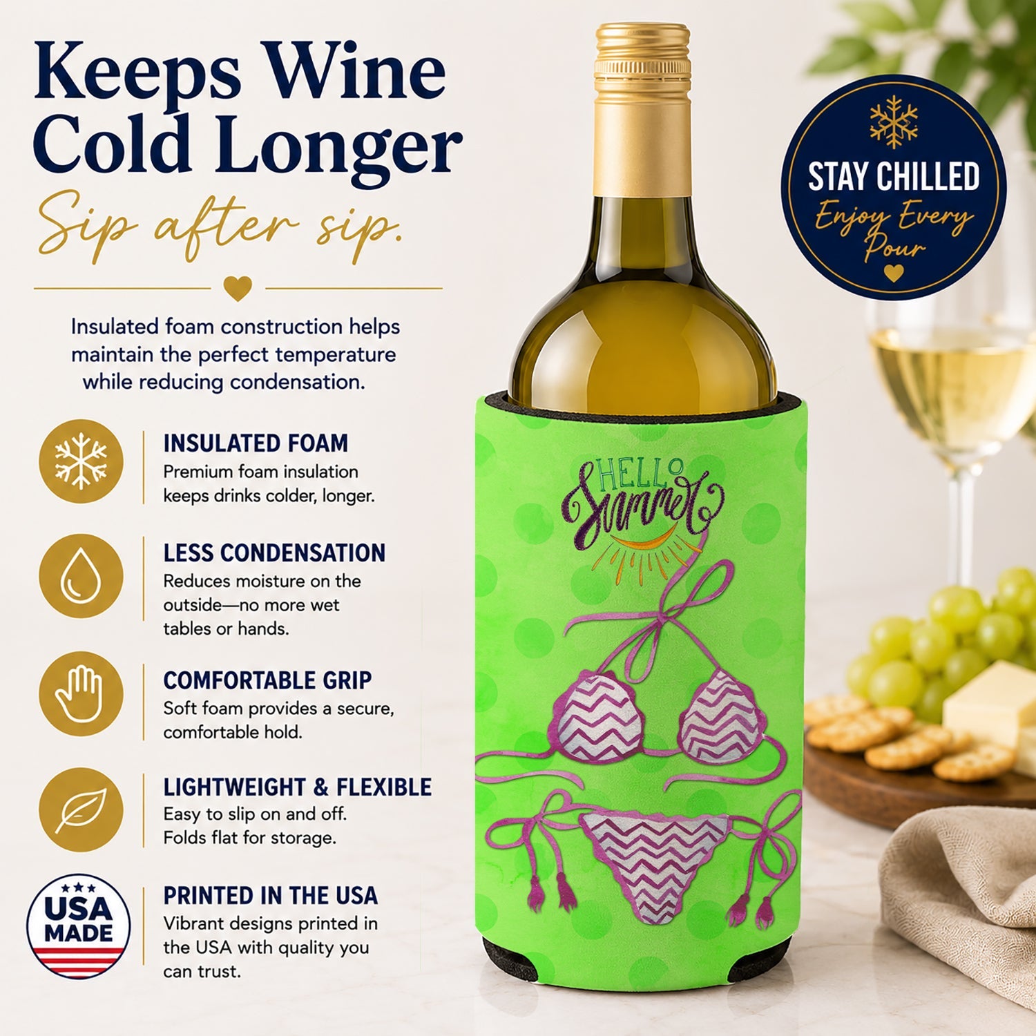 Bikini Swimsuit Green Polkadot Wine Bottle Hugger Gift Sleeve for Standard 750 ml Bottles, Insulated Reusable Fits Mini Shot & Pint Bottles
