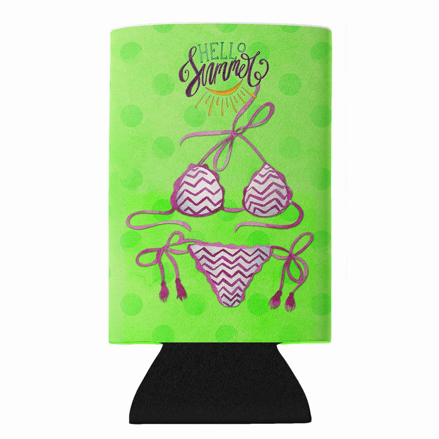 Bikini Swimsuit Green Polkadot Slim Can Hugger  Insulated Foam Sleeve for 12 oz Slim Cans, Beer Bottles & Water Bottles, Made in USA