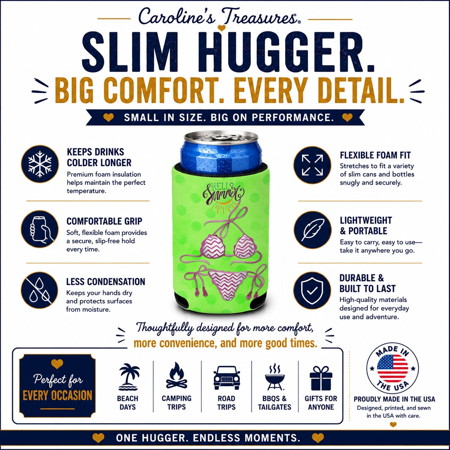 Bikini Swimsuit Green Polkadot Slim Can Hugger  Insulated Foam Sleeve for 12 oz Slim Cans, Beer Bottles & Water Bottles, Made in USA