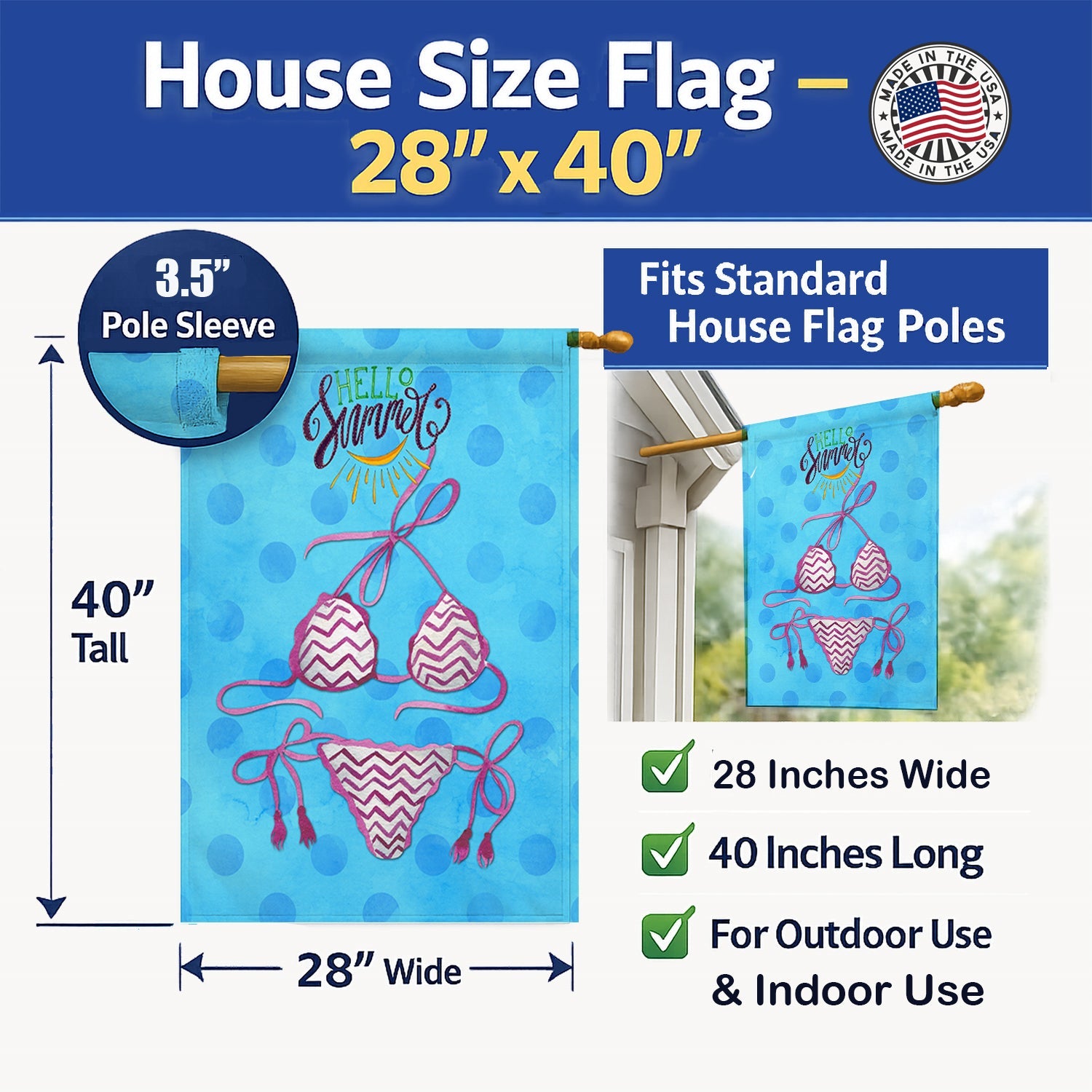 Bikini Swimsuit Blue Polkadot House Flag 28x40 Porch Sleeve Pole Decorative Outside Yard Banner Artwork Wall Hanging, Polyester