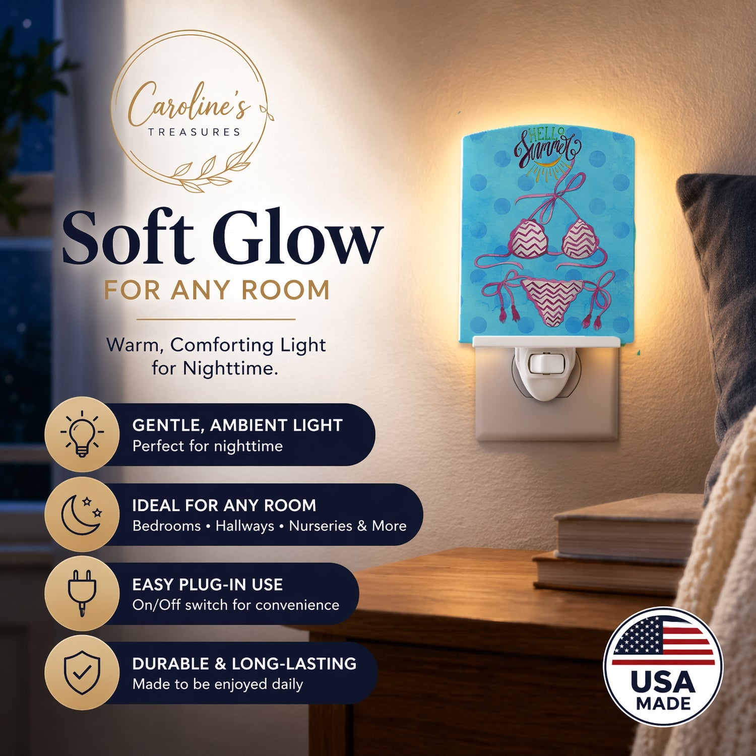 Bikini Swimsuit Blue Polkadot Ceramic Night Light Compact, UL-Certified, Ideal for Bedroom, Bathroom, Nursery, Hallway, Kitchen, 6x4x3, Multicolor