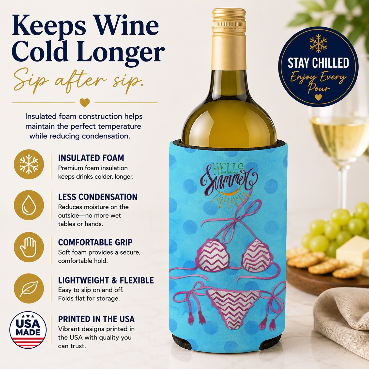 Bikini Swimsuit Blue Polkadot Wine Bottle Hugger Gift Sleeve for Standard 750 ml Bottles, Insulated Reusable Fits Mini Shot & Pint Bottles