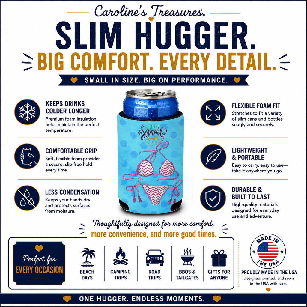 Bikini Swimsuit Blue Polkadot Slim Can Hugger  Insulated Foam Sleeve for 12 oz Slim Cans, Beer Bottles & Water Bottles, Made in USA