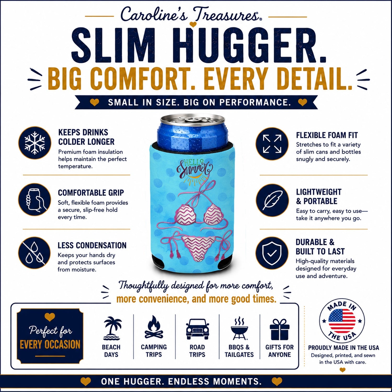 Bikini Swimsuit Blue Polkadot Slim Can Hugger  Insulated Foam Sleeve for 12 oz Slim Cans, Beer Bottles & Water Bottles, Made in USA