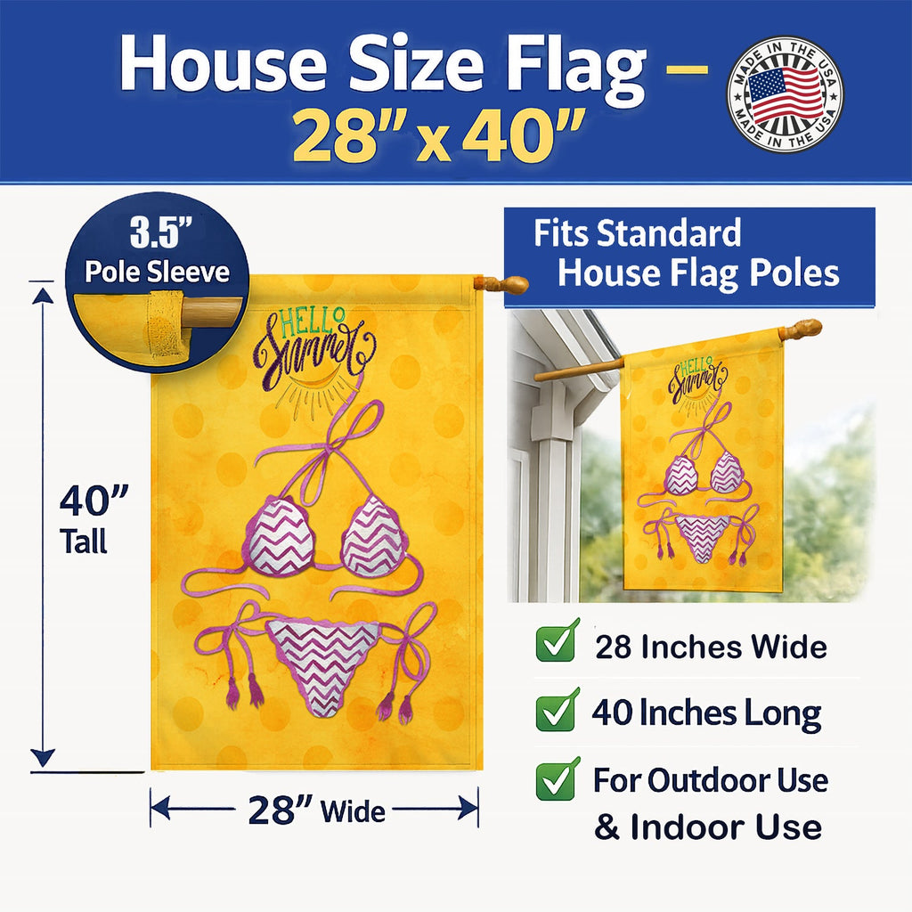 Bikini Swimsuit Yellow Polkadot House Flag 28x40 Porch Sleeve Pole Decorative Outside Yard Banner Artwork Wall Hanging, Polyester