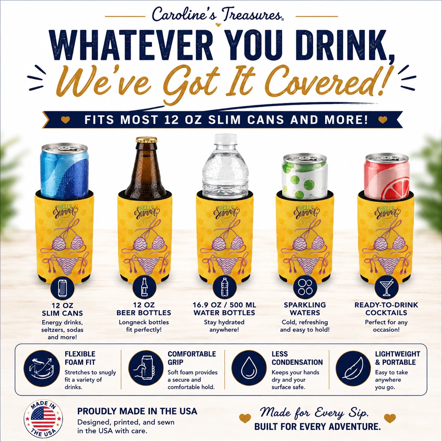 Bikini Swimsuit Yellow Polkadot Slim Can Hugger  Insulated Foam Sleeve for 12 oz Slim Cans, Beer Bottles & Water Bottles, Made in USA