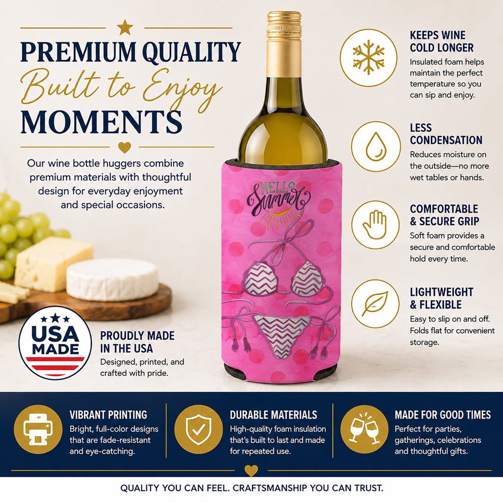 Bikini Swimsuit Pink Polkadot Wine Bottle Hugger Gift Sleeve for Standard 750 ml Bottles, Insulated Reusable Fits Mini Shot & Pint Bottles