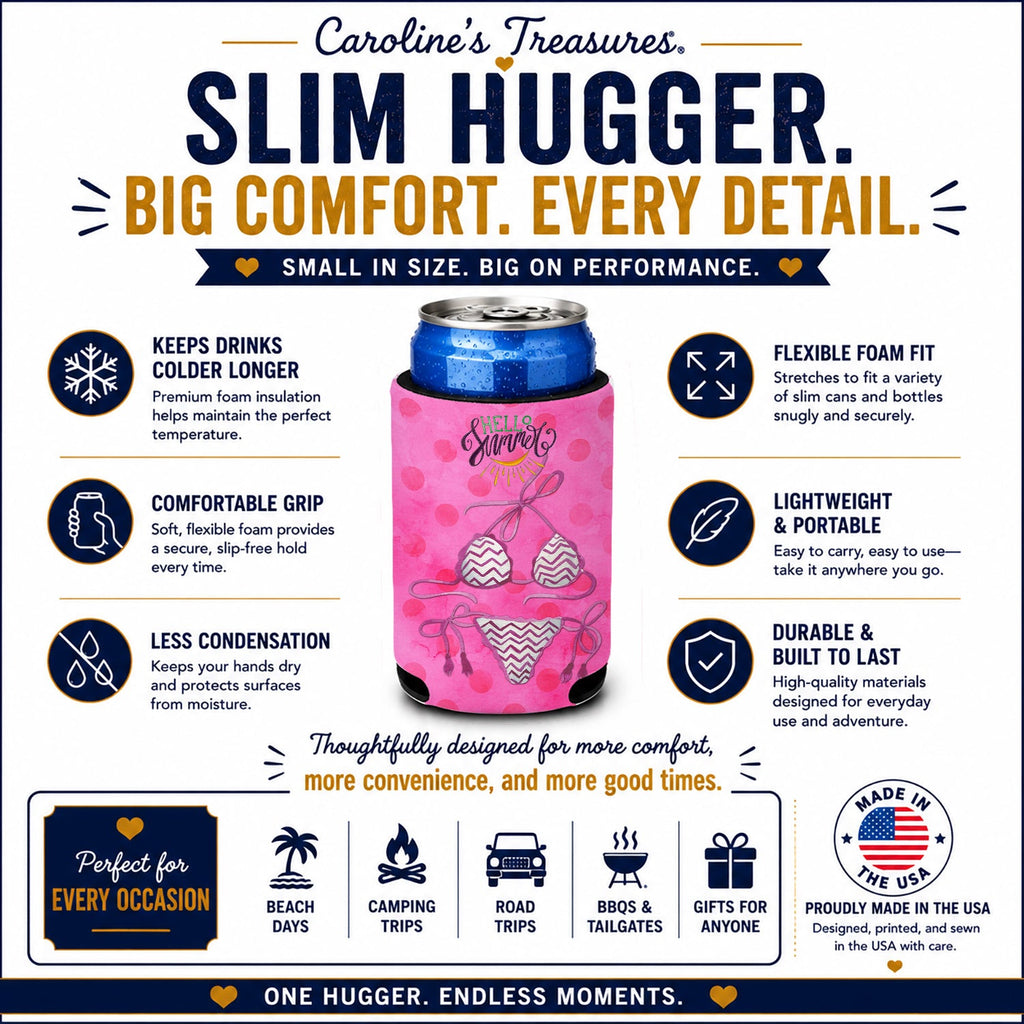 Bikini Swimsuit Pink Polkadot Slim Can Hugger  Insulated Foam Sleeve for 12 oz Slim Cans, Beer Bottles & Water Bottles, Made in USA