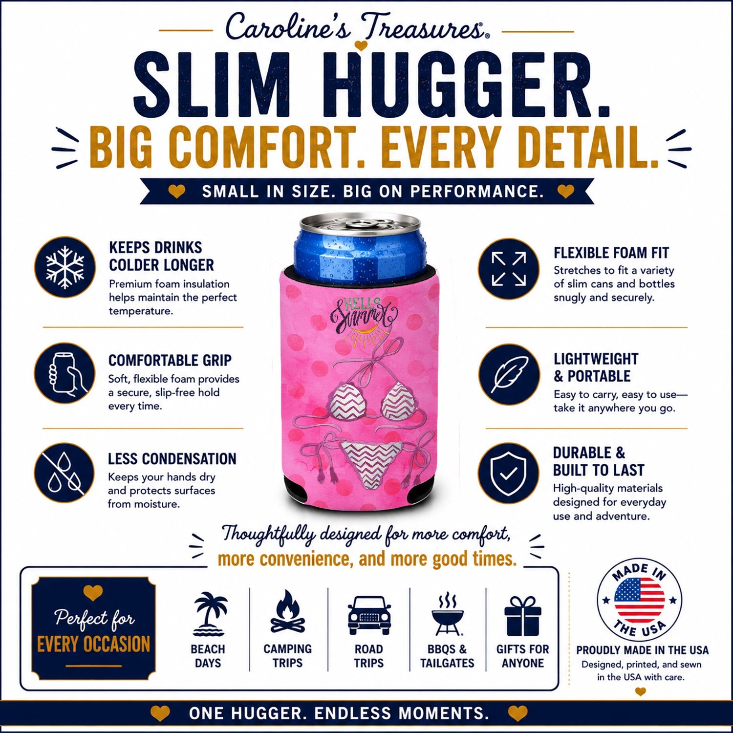 Bikini Swimsuit Pink Polkadot Slim Can Hugger  Insulated Foam Sleeve for 12 oz Slim Cans, Beer Bottles & Water Bottles, Made in USA