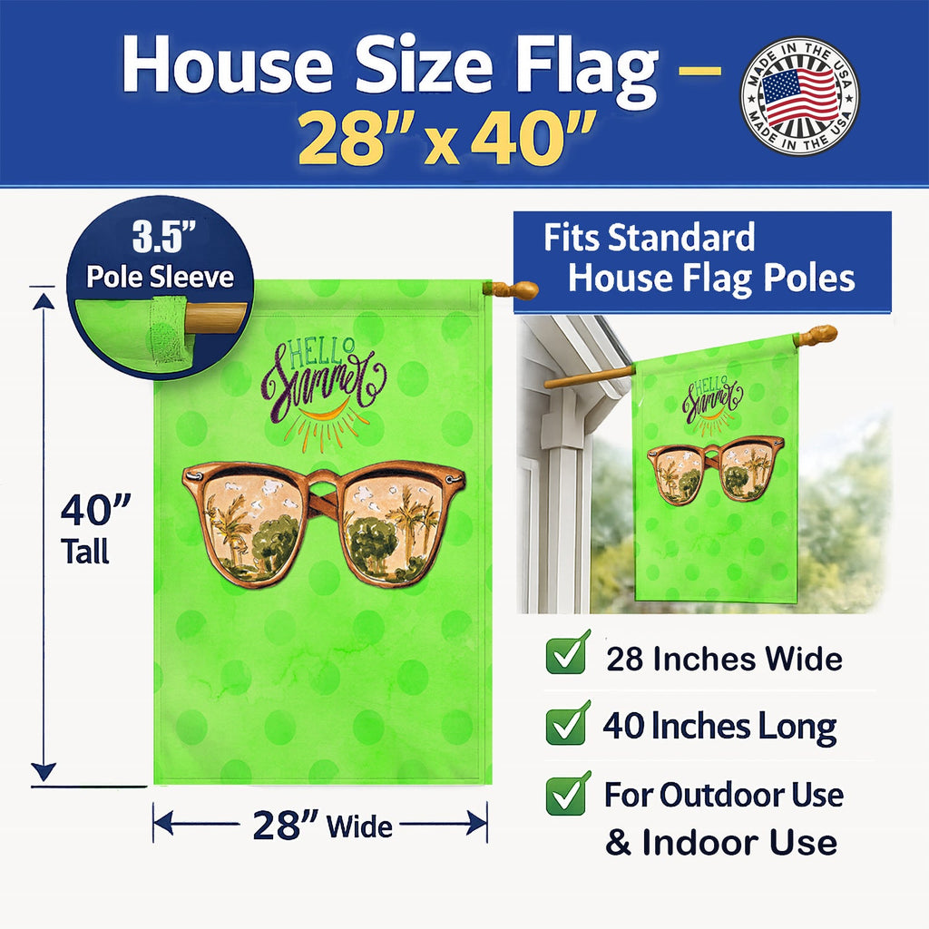 Beach Sunglasses Green Polkadot House Flag 28x40 Porch Sleeve Pole Decorative Outside Yard Banner Artwork Wall Hanging, Polyester