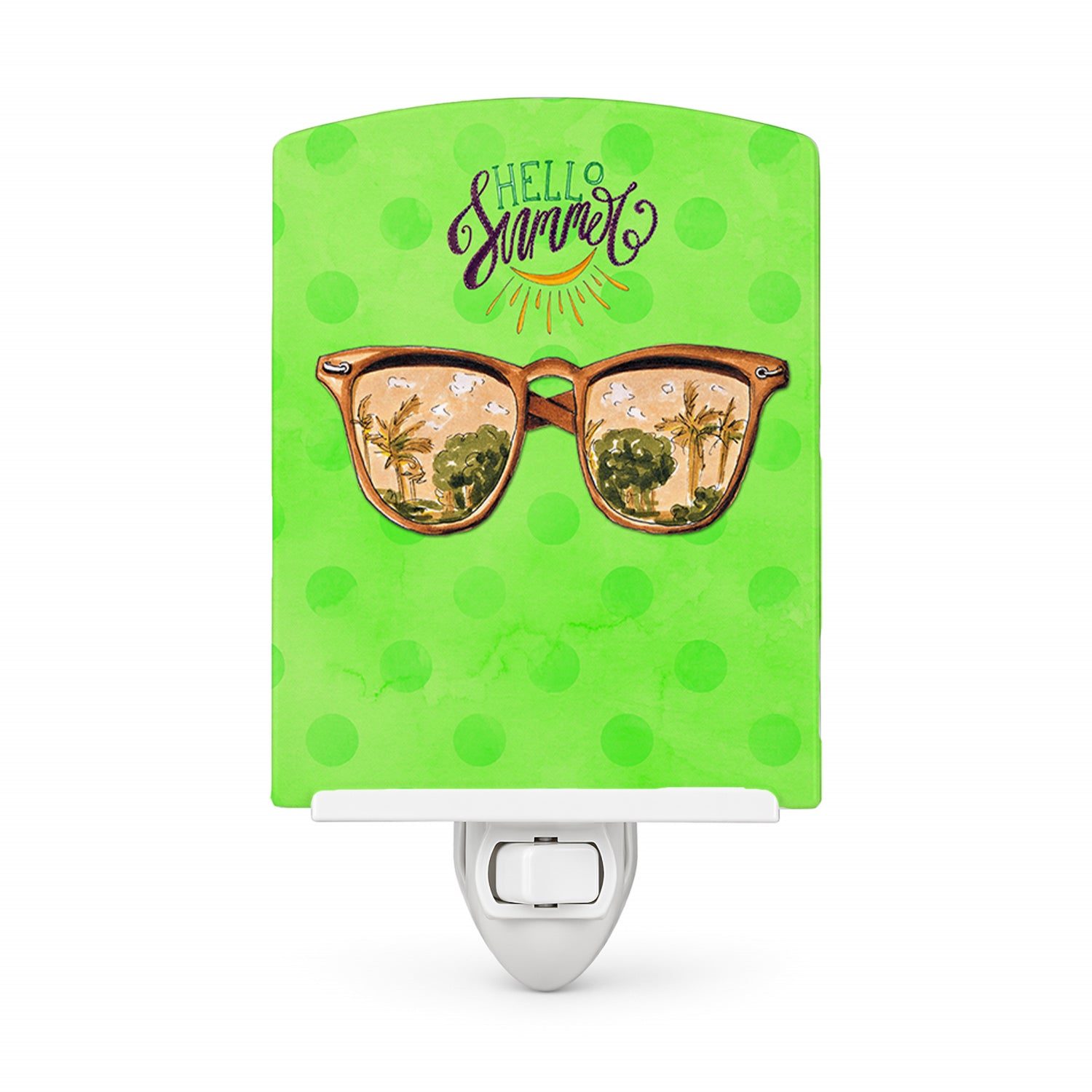Beach Sunglasses Green Polkadot Ceramic Night Light Compact, UL-Certified, Ideal for Bedroom, Bathroom, Nursery, Hallway, Kitchen, 6x4x3, Multicolor