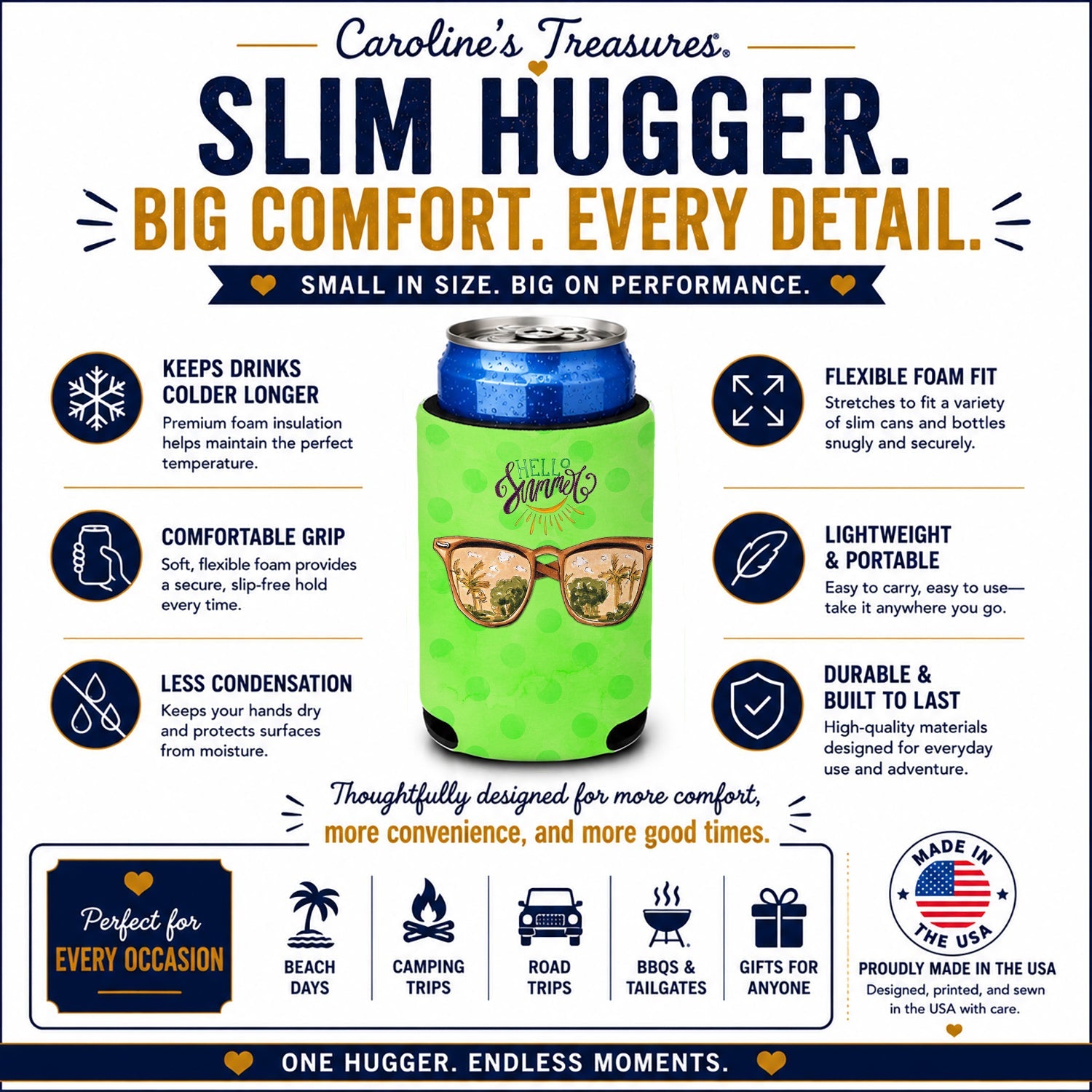 Beach Sunglasses Green Polkadot Slim Can Hugger  Insulated Foam Sleeve for 12 oz Slim Cans, Beer Bottles & Water Bottles, Made in USA