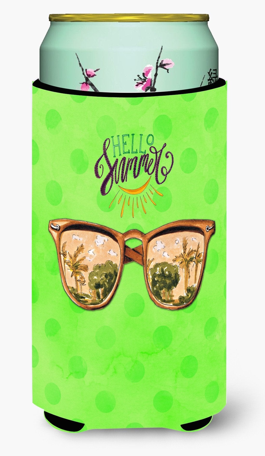 Beach Sunglasses Green Polkadot Tall Boy Hugger Can Cooler Sleeve Machine Washable Drink Collapsible Insulator Beverage Insulated Holder