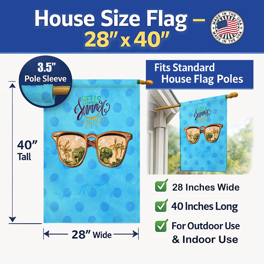 Beach Sunglasses Blue Polkadot House Flag 28x40 Porch Sleeve Pole Decorative Outside Yard Banner Artwork Wall Hanging, Polyester