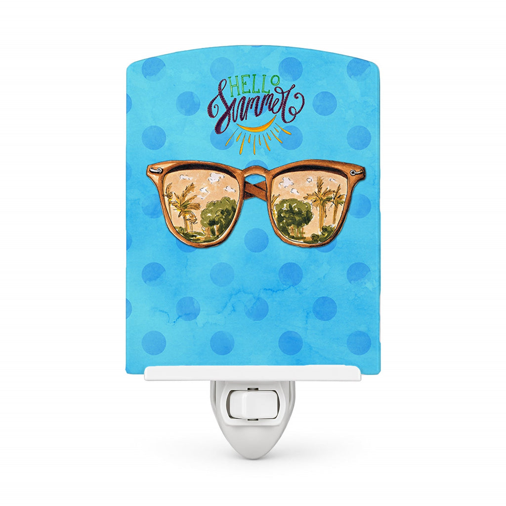 Beach Sunglasses Blue Polkadot Ceramic Night Light Compact, UL-Certified, Ideal for Bedroom, Bathroom, Nursery, Hallway, Kitchen, 6x4x3, Multicolor