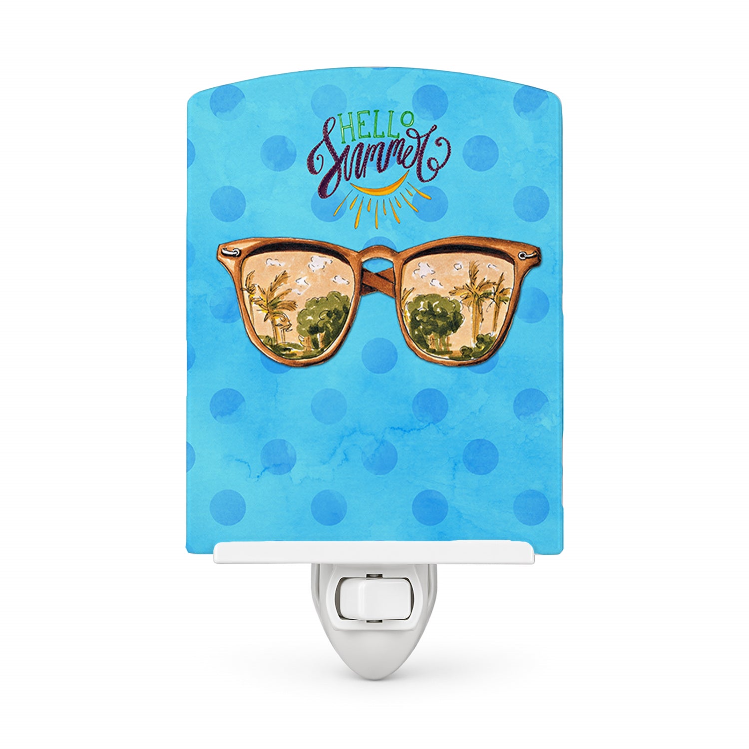 Beach Sunglasses Blue Polkadot Ceramic Night Light Compact, UL-Certified, Ideal for Bedroom, Bathroom, Nursery, Hallway, Kitchen, 6x4x3, Multicolor