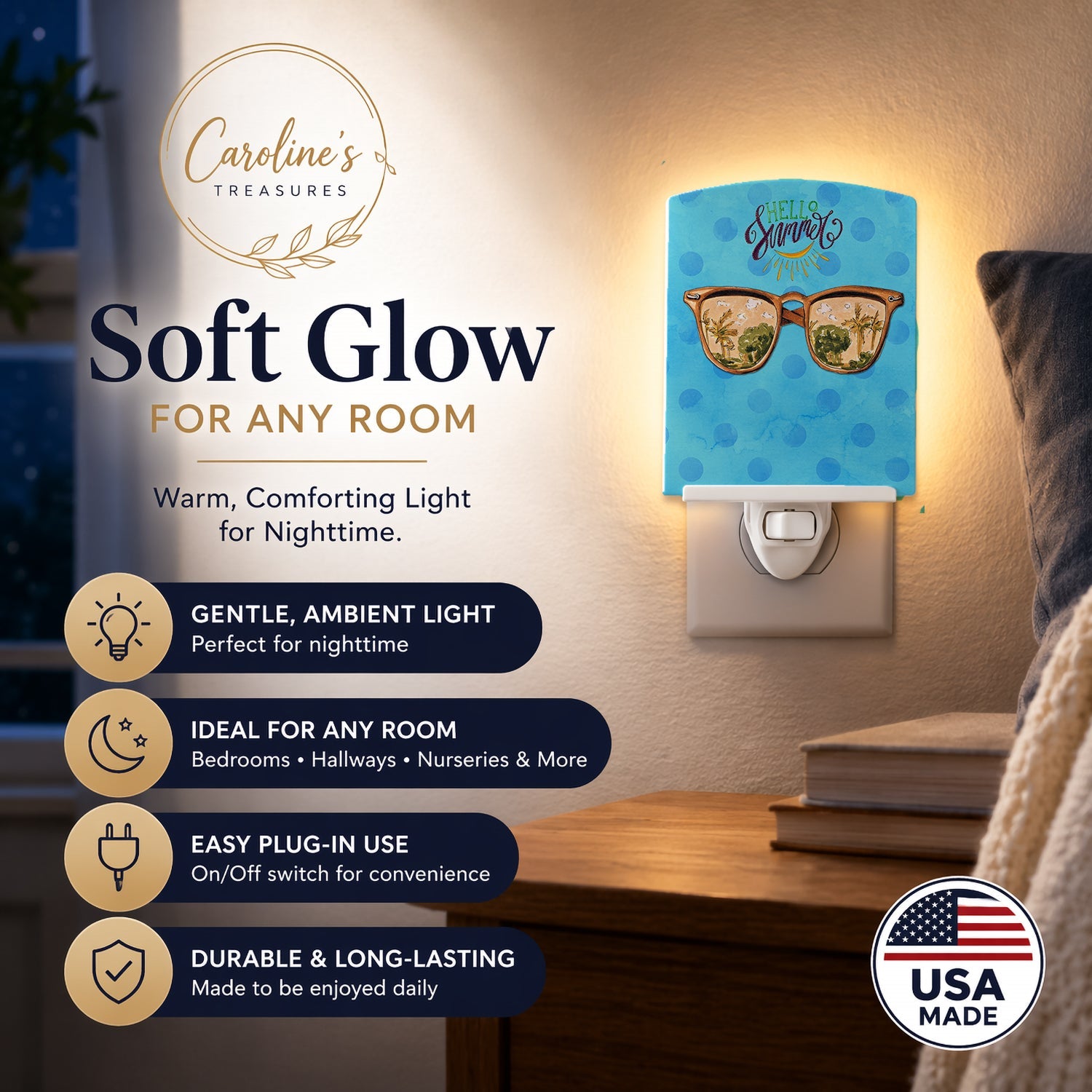 Beach Sunglasses Blue Polkadot Ceramic Night Light Compact, UL-Certified, Ideal for Bedroom, Bathroom, Nursery, Hallway, Kitchen, 6x4x3, Multicolor