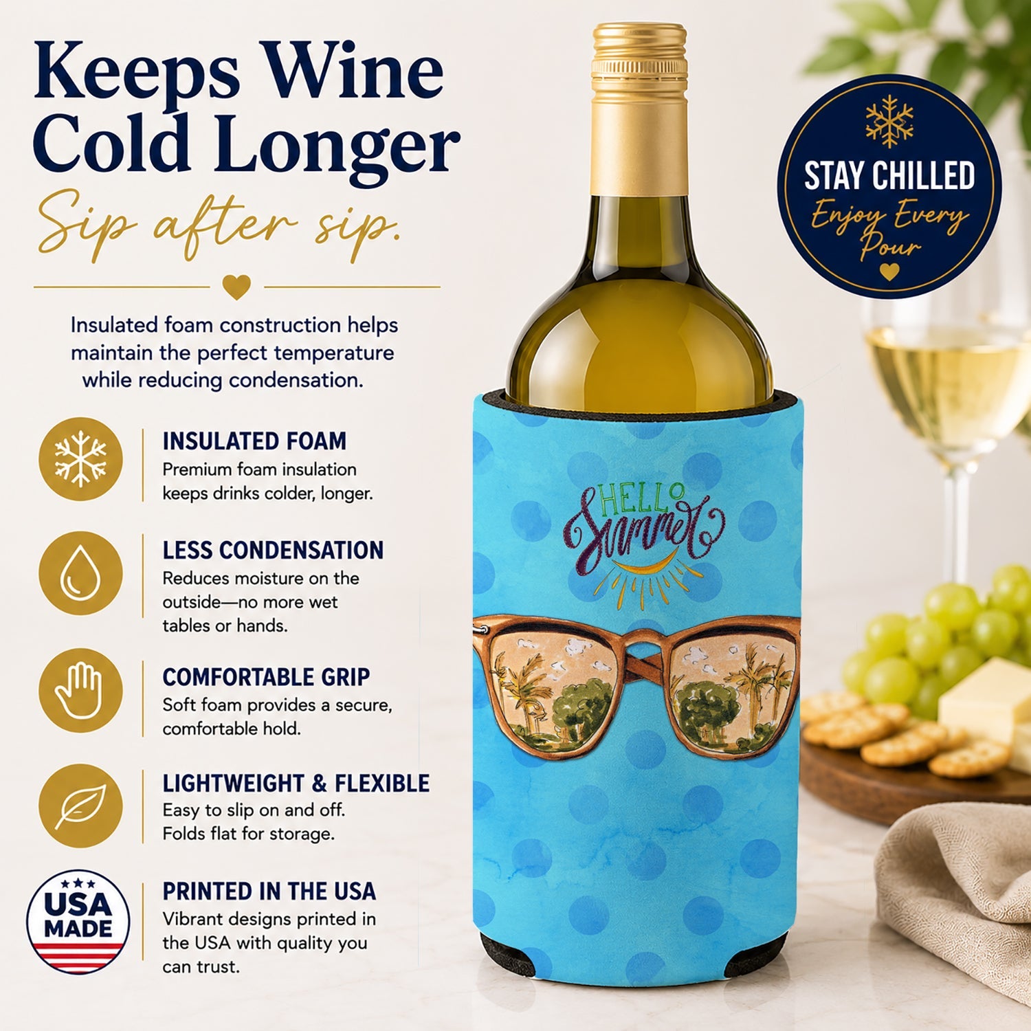Beach Sunglasses Blue Polkadot Wine Bottle Hugger Gift Sleeve for Standard 750 ml Bottles, Insulated Reusable Fits Mini Shot & Pint Bottles