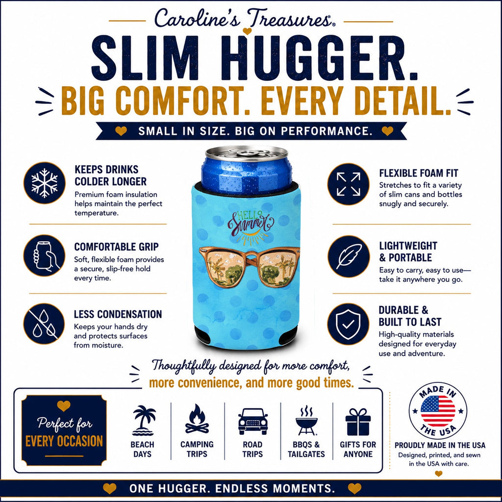 Beach Sunglasses Blue Polkadot Slim Can Hugger  Insulated Foam Sleeve for 12 oz Slim Cans, Beer Bottles & Water Bottles, Made in USA
