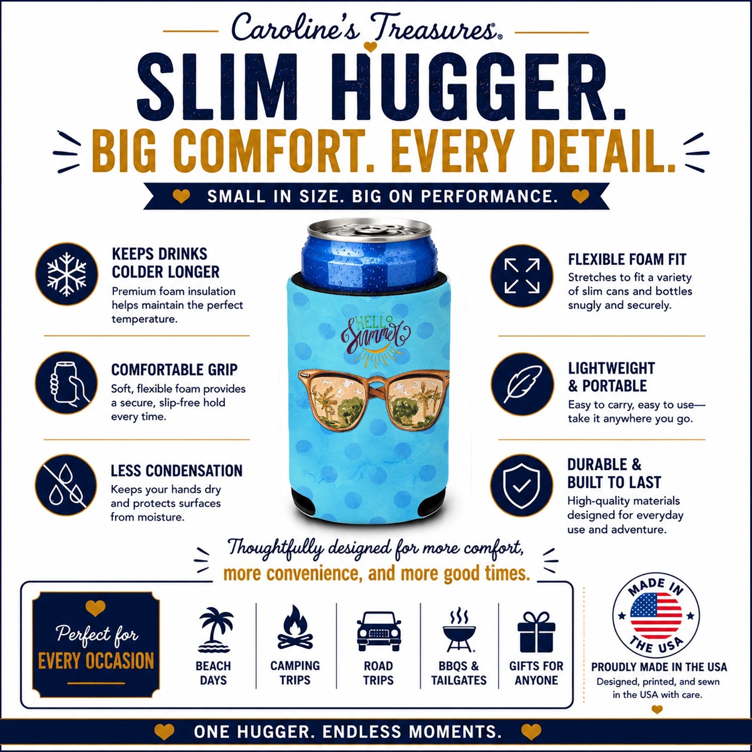 Beach Sunglasses Blue Polkadot Slim Can Hugger  Insulated Foam Sleeve for 12 oz Slim Cans, Beer Bottles & Water Bottles, Made in USA