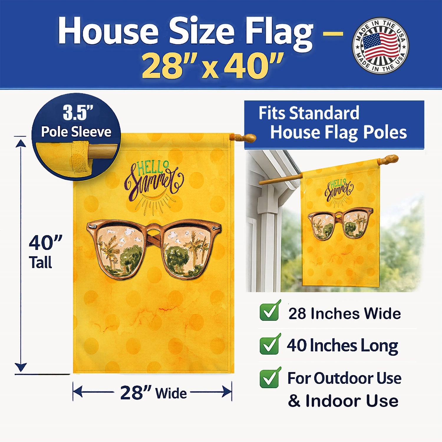Beach Sunglasses Yellow Polkadot House Flag 28x40 Porch Sleeve Pole Decorative Outside Yard Banner Artwork Wall Hanging, Polyester