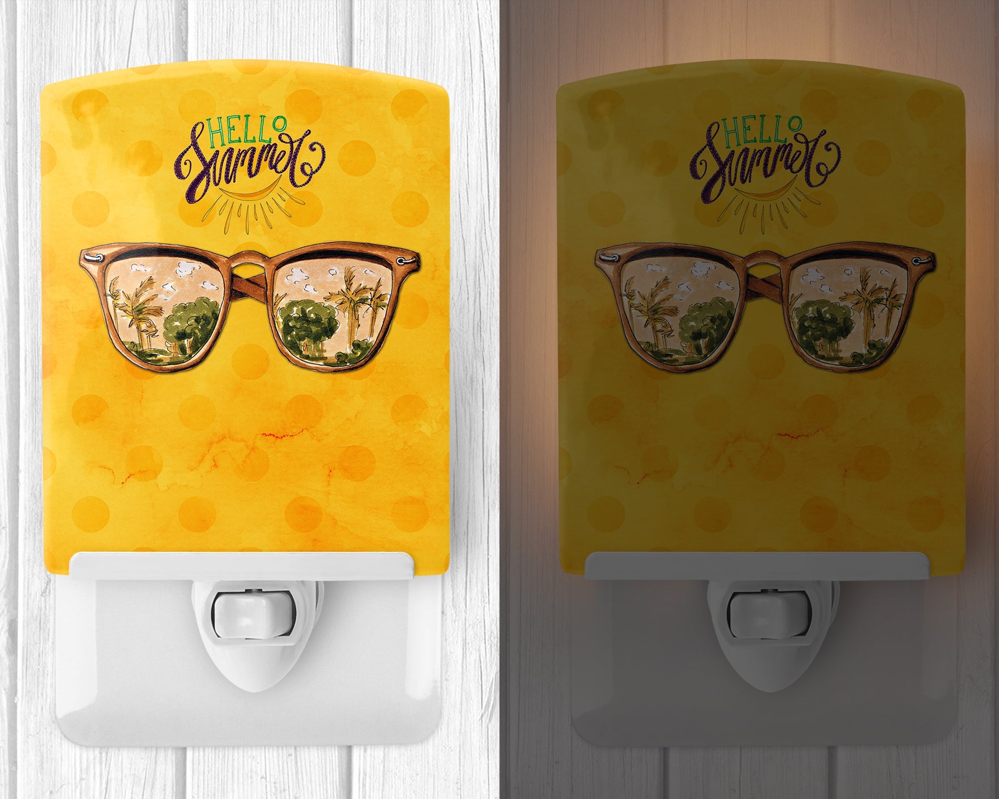 Beach Sunglasses Yellow Polkadot Ceramic Night Light Compact, UL-Certified, Ideal for Bedroom, Bathroom, Nursery, Hallway, Kitchen, 6x4x3, Multicolor
