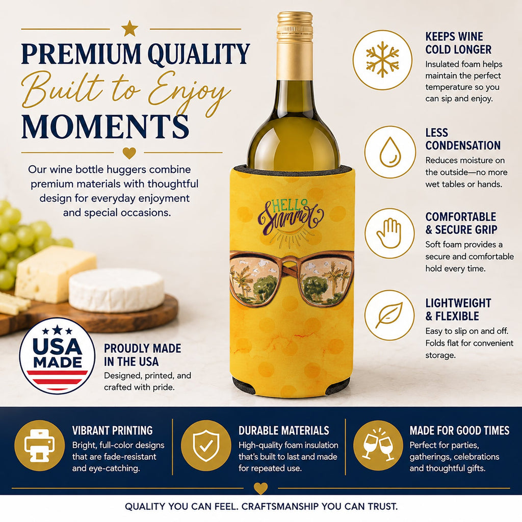 Beach Sunglasses Yellow Polkadot Wine Bottle Hugger Gift Sleeve for Standard 750 ml Bottles, Insulated Reusable Fits Mini Shot & Pint Bottles