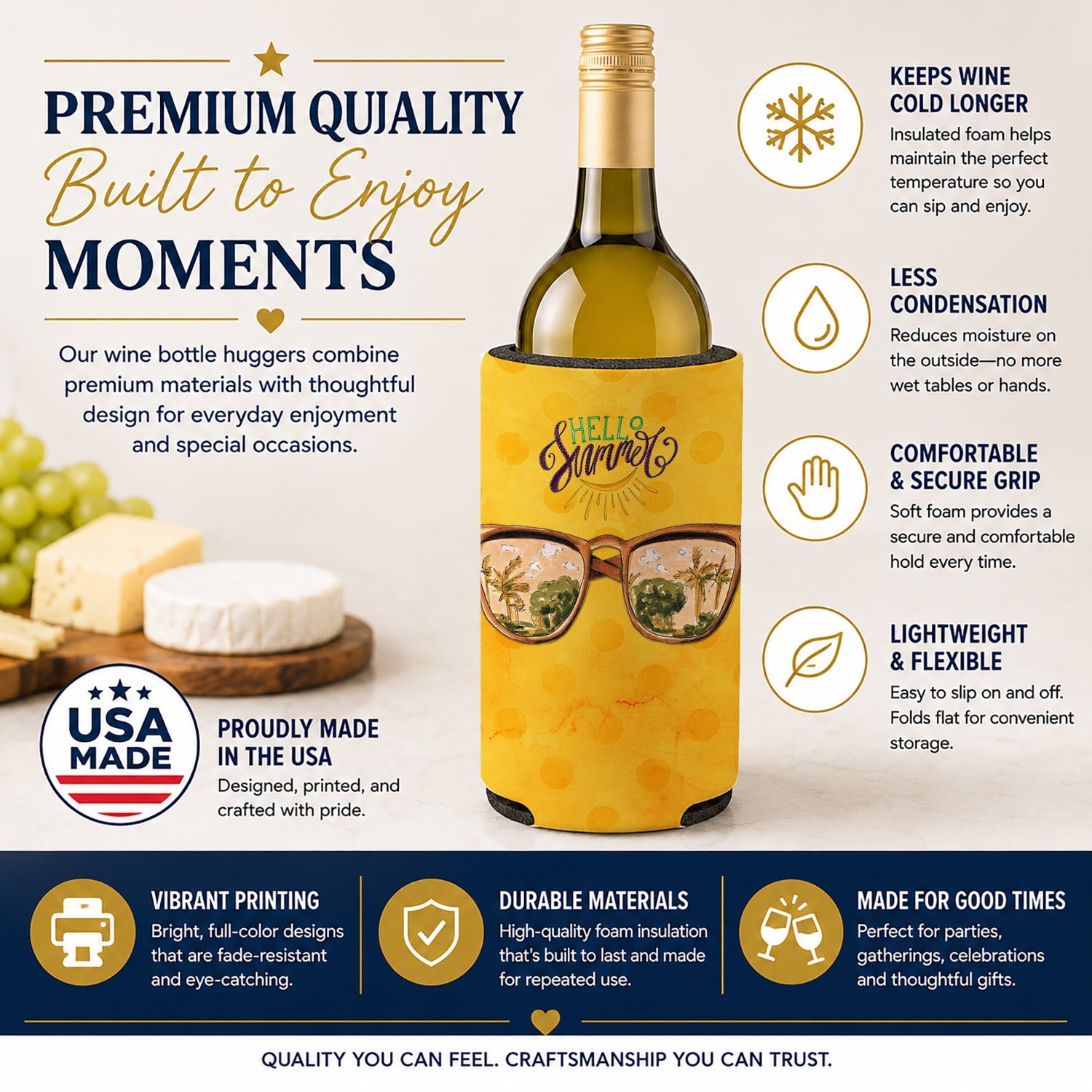 Beach Sunglasses Yellow Polkadot Wine Bottle Hugger Gift Sleeve for Standard 750 ml Bottles, Insulated Reusable Fits Mini Shot & Pint Bottles