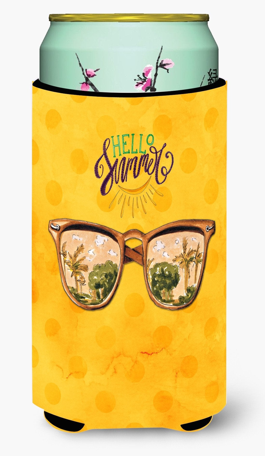 Beach Sunglasses Yellow Polkadot Tall Boy Hugger Can Cooler Sleeve Machine Washable Drink Collapsible Insulator Beverage Insulated Holder