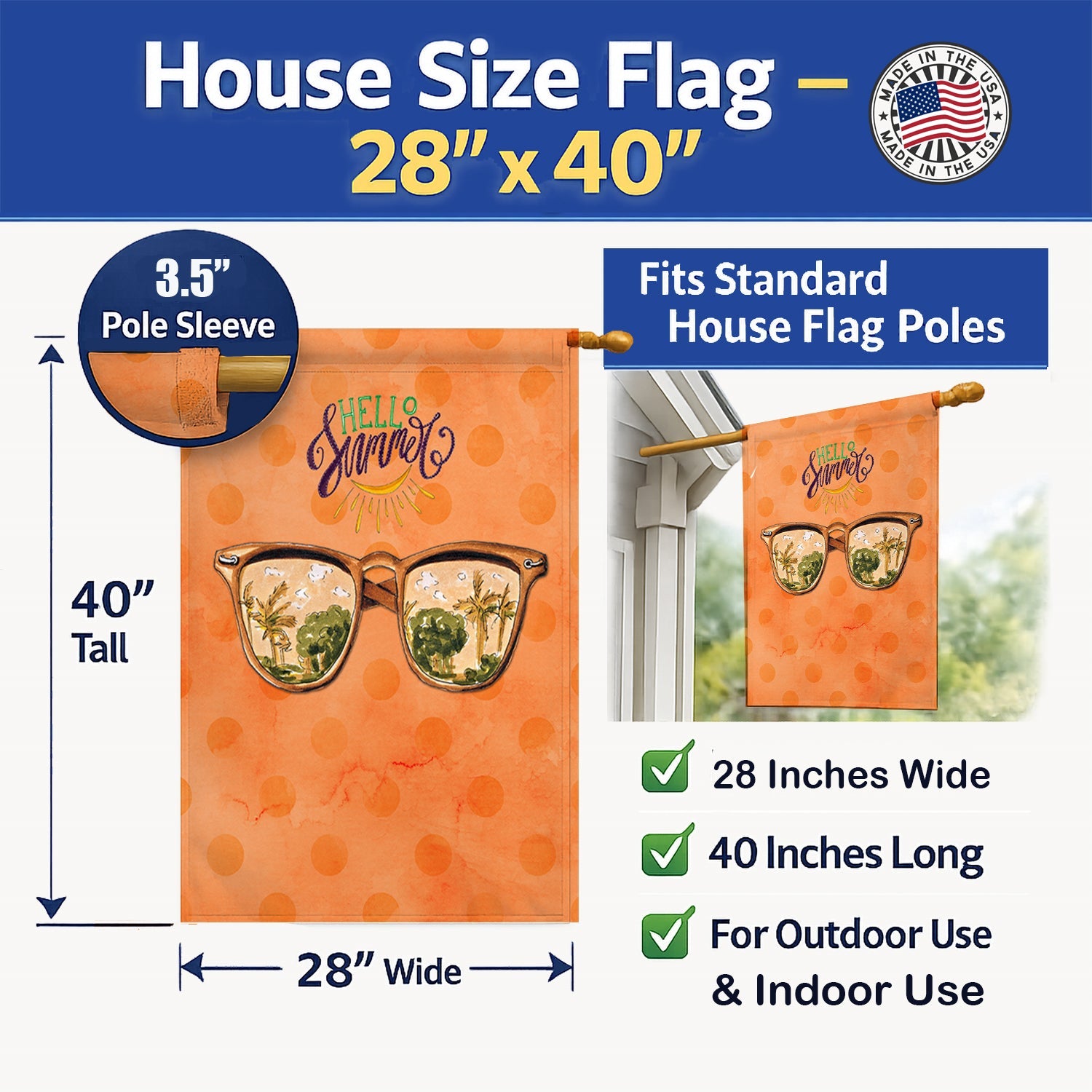 Beach Sunglasses Orange Polkadot House Flag 28x40 Porch Sleeve Pole Decorative Outside Yard Banner Artwork Wall Hanging, Polyester