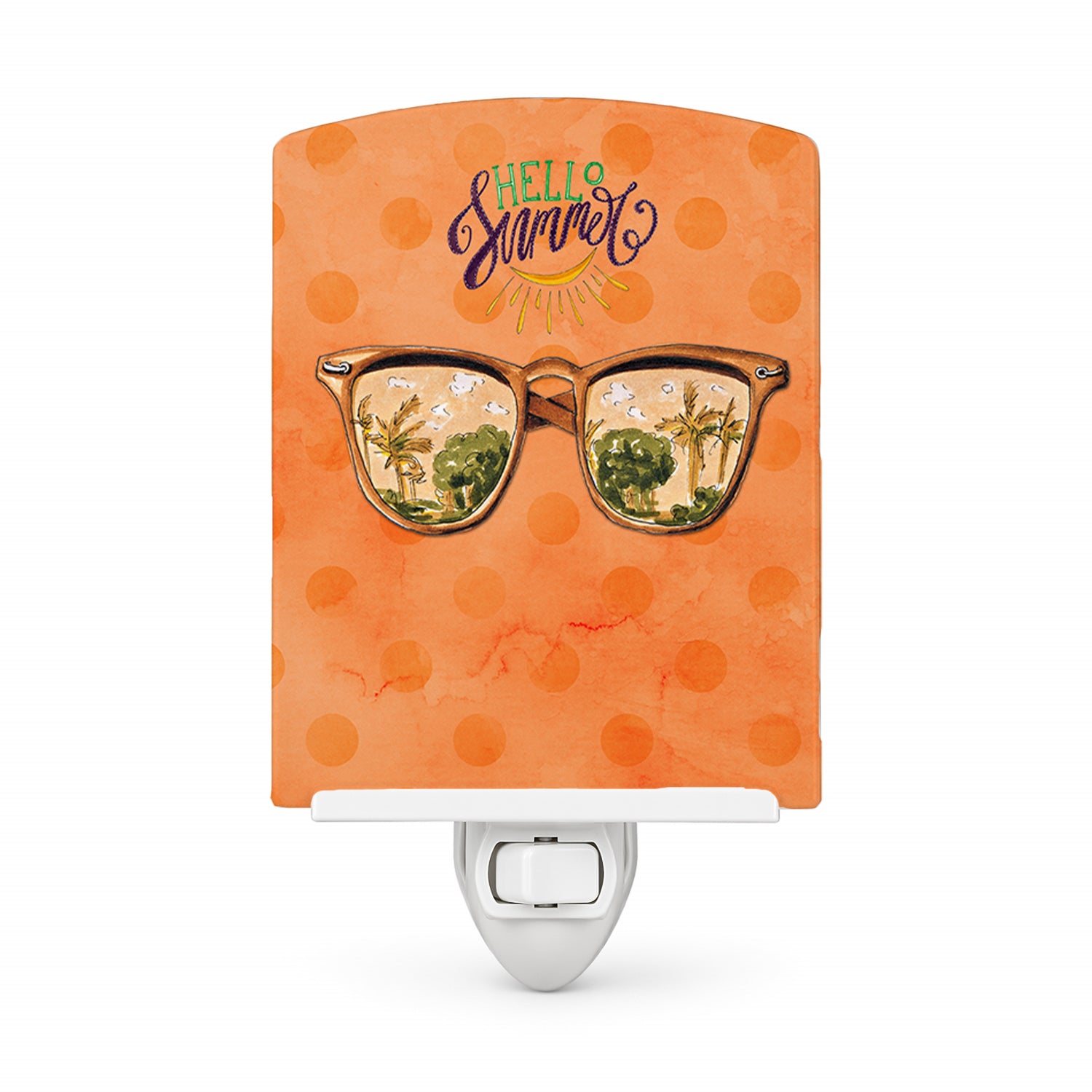 Beach Sunglasses Orange Polkadot Ceramic Night Light Compact, UL-Certified, Ideal for Bedroom, Bathroom, Nursery, Hallway, Kitchen, 6x4x3, Multicolor