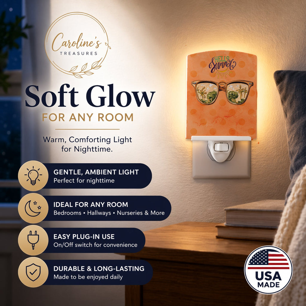Beach Sunglasses Orange Polkadot Ceramic Night Light Compact, UL-Certified, Ideal for Bedroom, Bathroom, Nursery, Hallway, Kitchen, 6x4x3, Multicolor