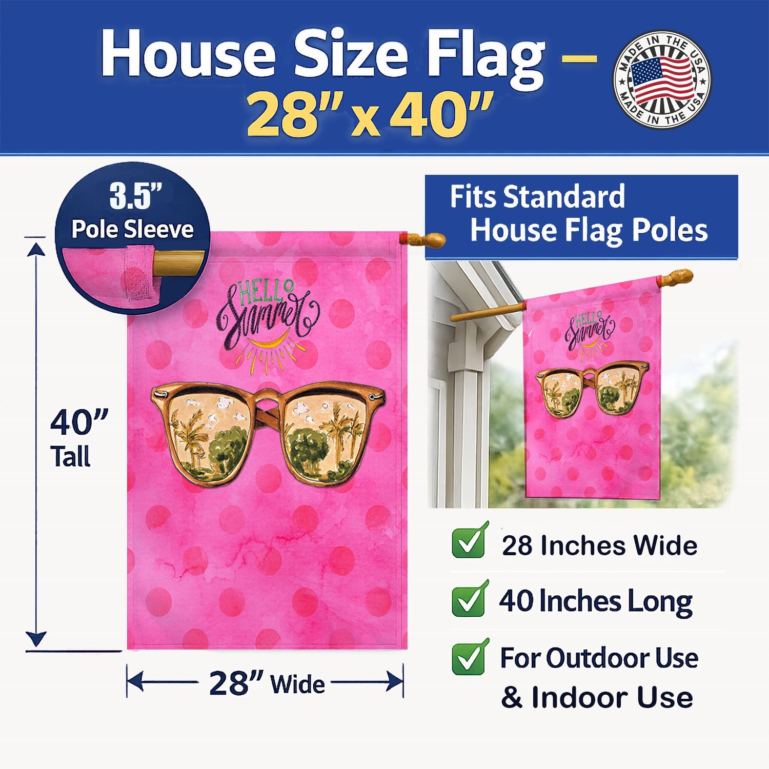 Beach Sunglasses Pink Polkadot House Flag 28x40 Porch Sleeve Pole Decorative Outside Yard Banner Artwork Wall Hanging, Polyester