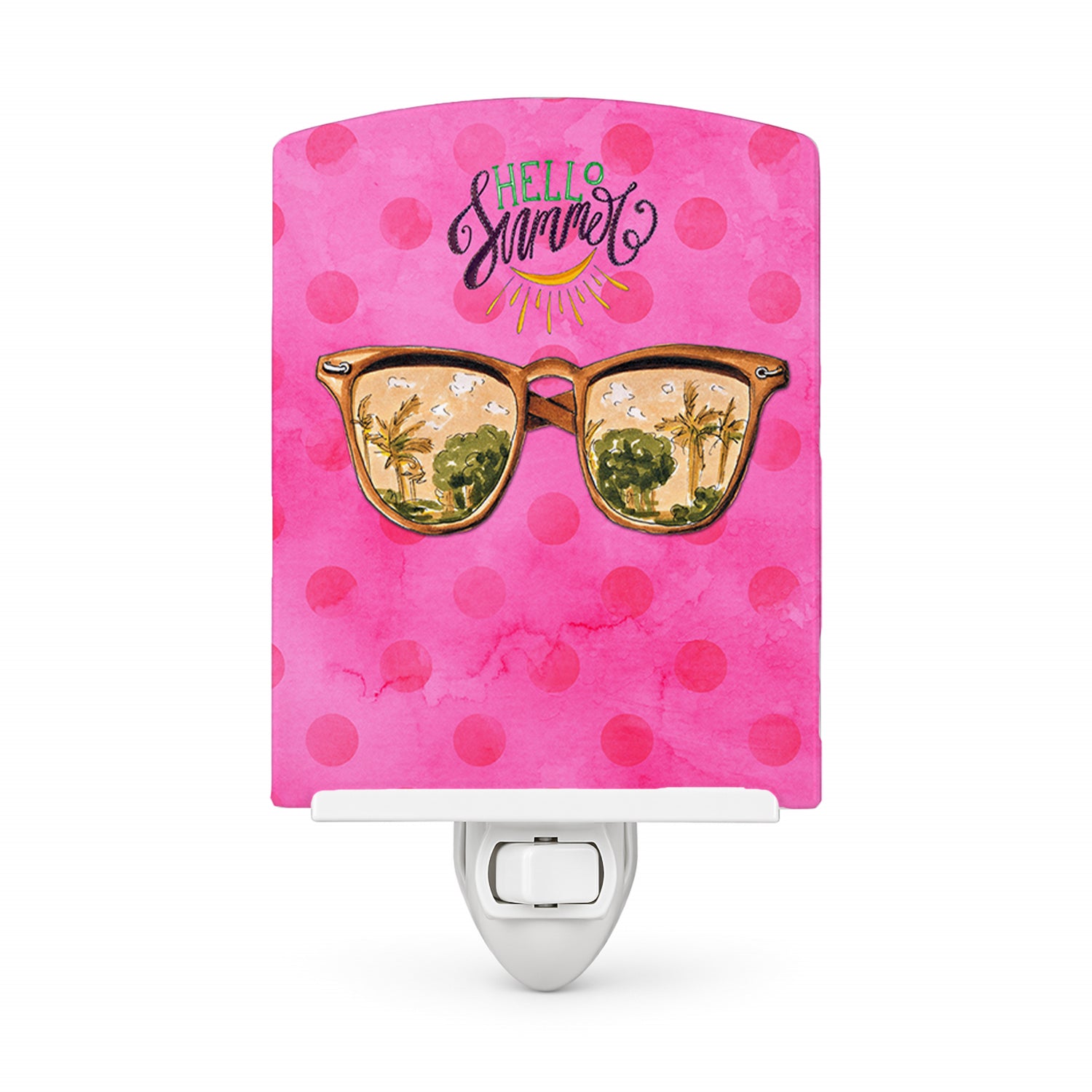 Beach Sunglasses Pink Polkadot Ceramic Night Light Compact, UL-Certified, Ideal for Bedroom, Bathroom, Nursery, Hallway, Kitchen, 6x4x3, Multicolor