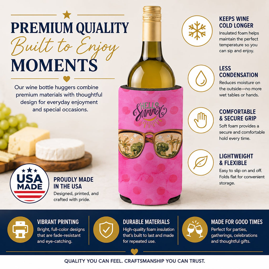 Beach Sunglasses Pink Polkadot Wine Bottle Hugger Gift Sleeve for Standard 750 ml Bottles, Insulated Reusable Fits Mini Shot & Pint Bottles