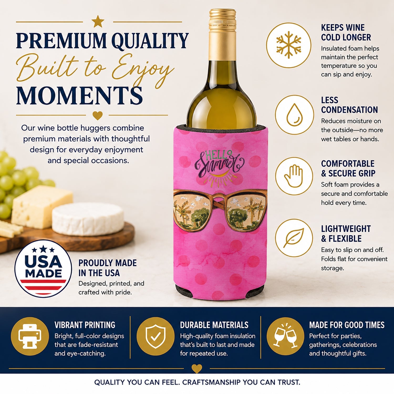 Beach Sunglasses Pink Polkadot Wine Bottle Hugger Gift Sleeve for Standard 750 ml Bottles, Insulated Reusable Fits Mini Shot & Pint Bottles