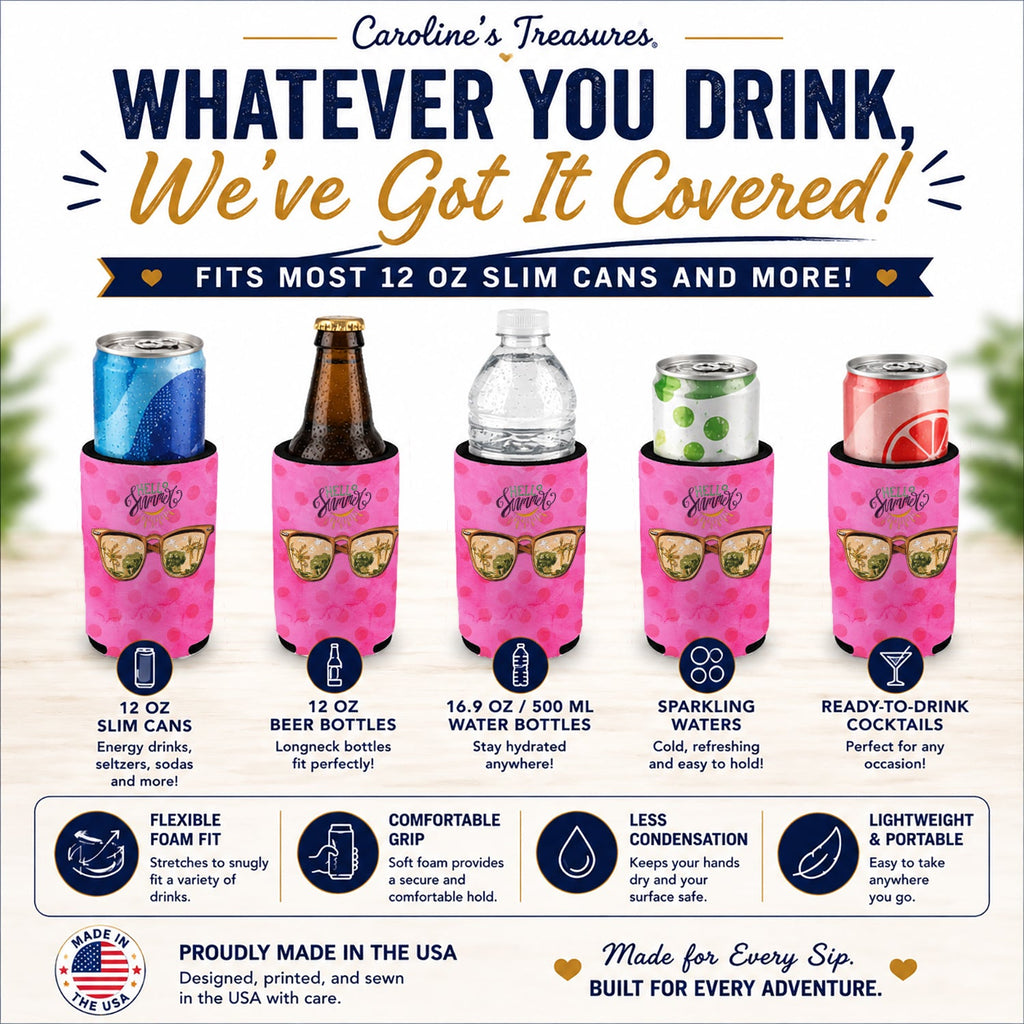 Beach Sunglasses Pink Polkadot Slim Can Hugger  Insulated Foam Sleeve for 12 oz Slim Cans, Beer Bottles & Water Bottles, Made in USA