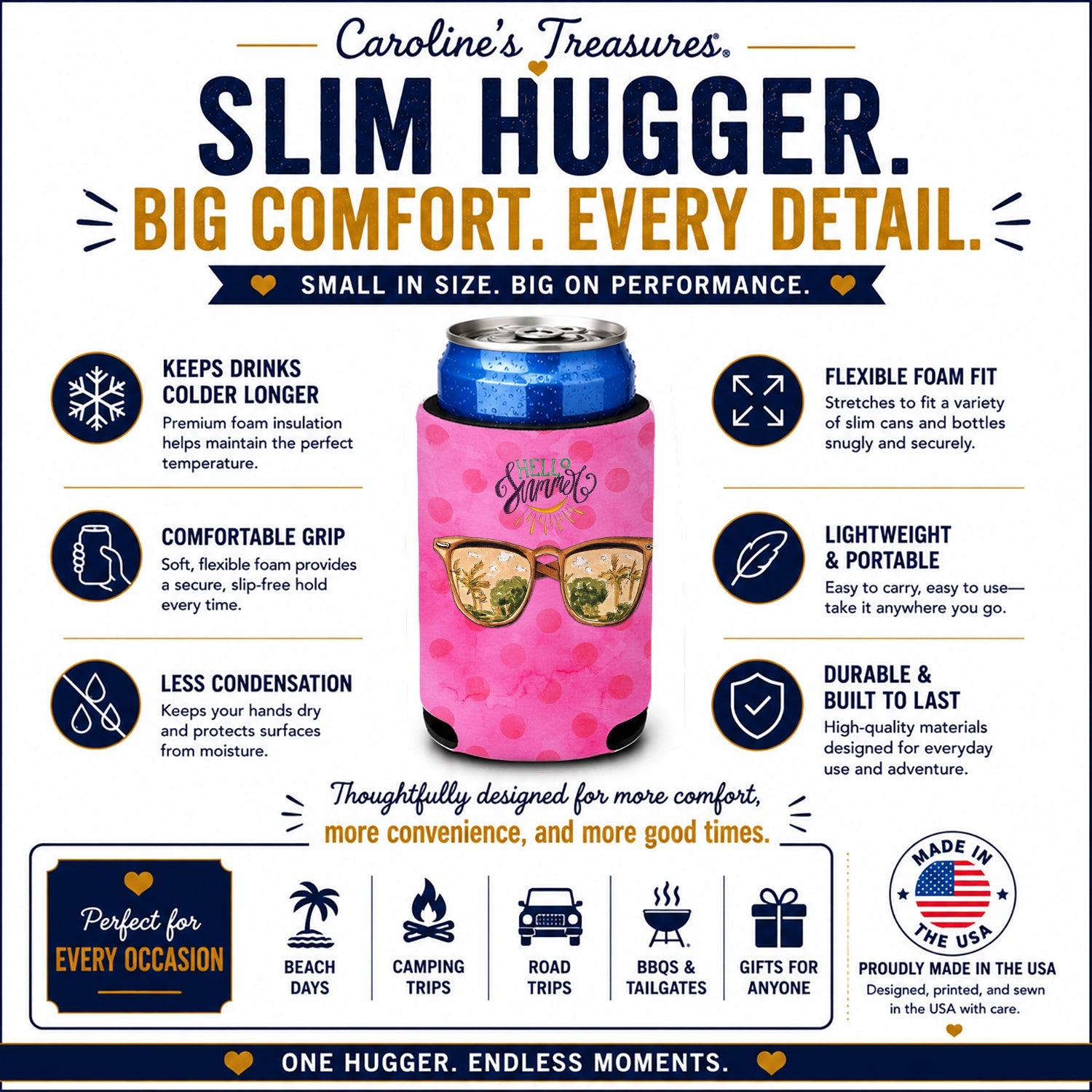 Beach Sunglasses Pink Polkadot Slim Can Hugger  Insulated Foam Sleeve for 12 oz Slim Cans, Beer Bottles & Water Bottles, Made in USA