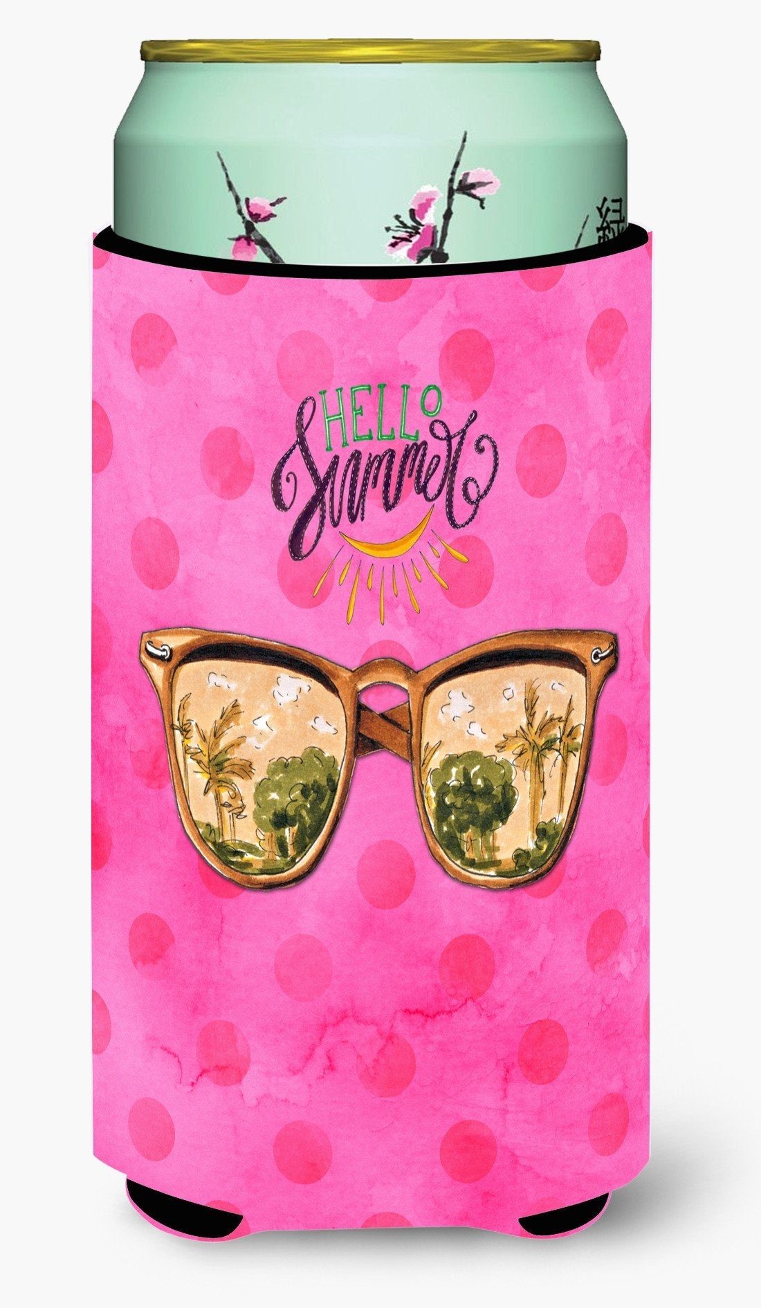 Beach Sunglasses Pink Polkadot Tall Boy Hugger Can Cooler Sleeve Machine Washable Drink Collapsible Insulator Beverage Insulated Holder