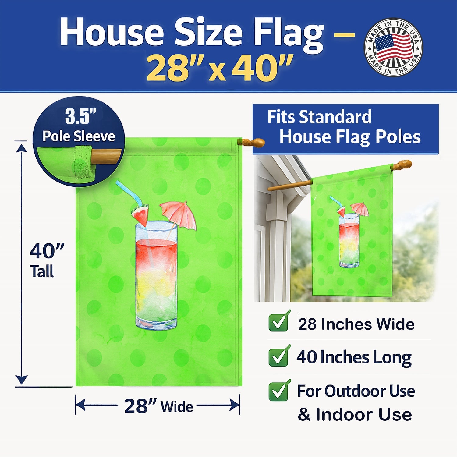 Umberella Cocktail Green Polkadot House Flag 28x40 Porch Sleeve Pole Decorative Outside Yard Banner Artwork Wall Hanging, Polyester
