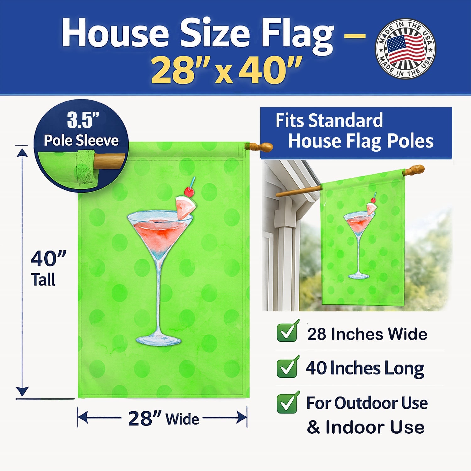 Summer Martini Green Polkadot House Flag 28x40 Porch Sleeve Pole Decorative Outside Yard Banner Artwork Wall Hanging, Polyester