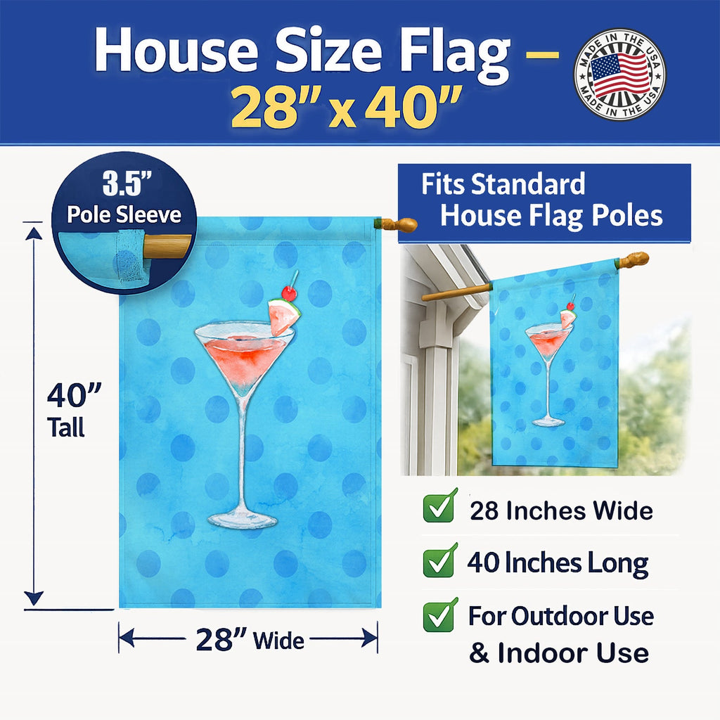 Summer Martini Blue Polkadot House Flag 28x40 Porch Sleeve Pole Decorative Outside Yard Banner Artwork Wall Hanging, Polyester