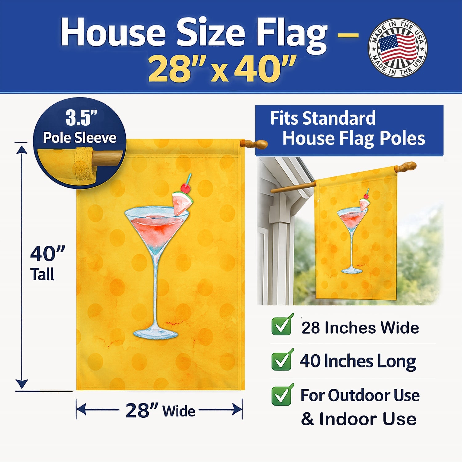 Summer Martini Yellow Polkadot House Flag 28x40 Porch Sleeve Pole Decorative Outside Yard Banner Artwork Wall Hanging, Polyester