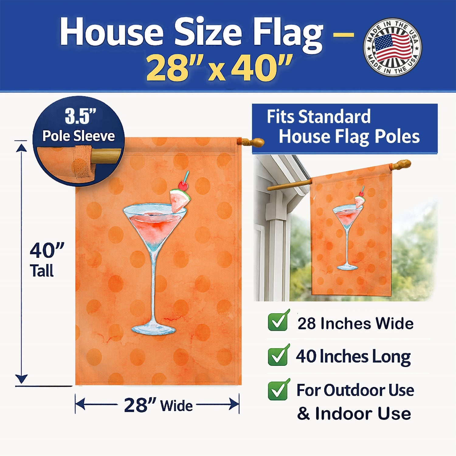 Summer Martini Orange Polkadot House Flag 28x40 Porch Sleeve Pole Decorative Outside Yard Banner Artwork Wall Hanging, Polyester